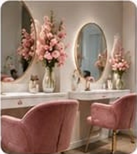 Salon interior with pink chairs and mirrors