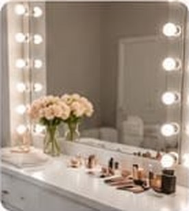 Makeup station with lit mirror