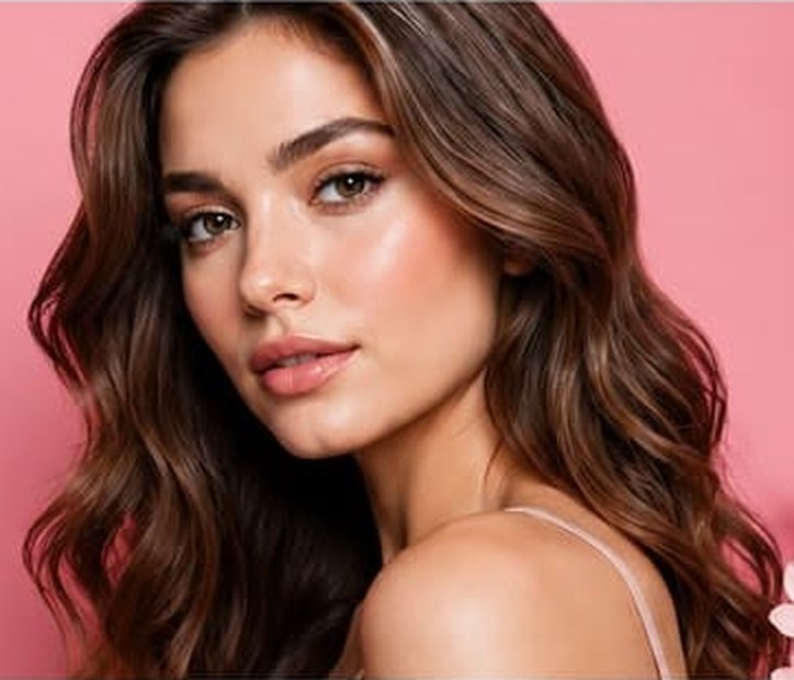 Woman with glowing skin and soft waves